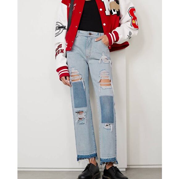 Monse Light Wash Distressed Patchwork High Rise Straight-Leg Jeans` - Picture 1 of 14